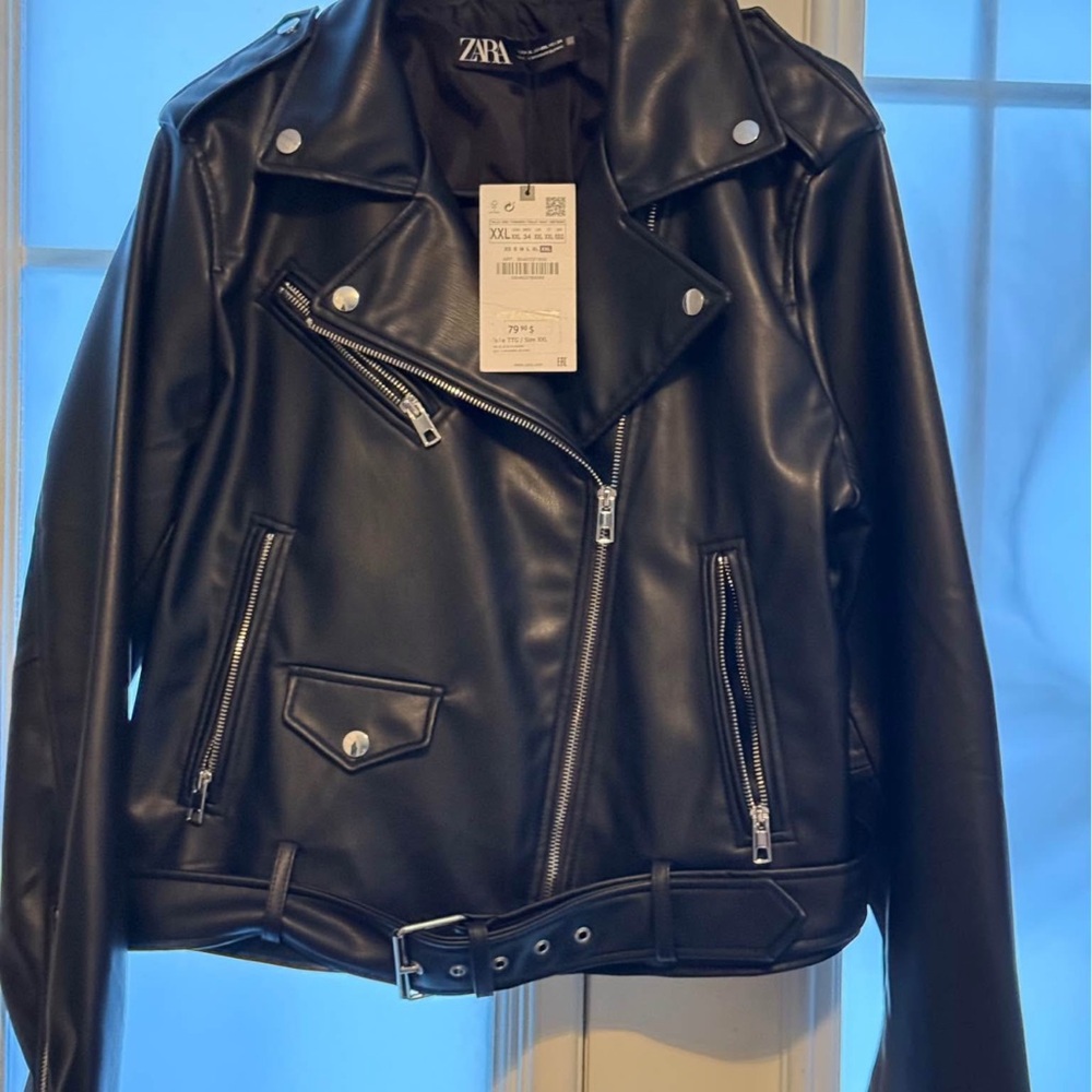 Zara Black Leather Biker Jacket with Silver Accents